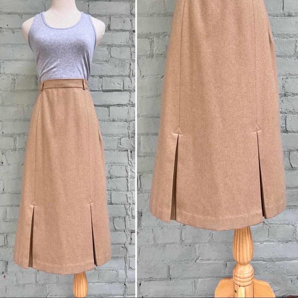 Vintage Beige Wool Midi Skirt with Kick Pleats
